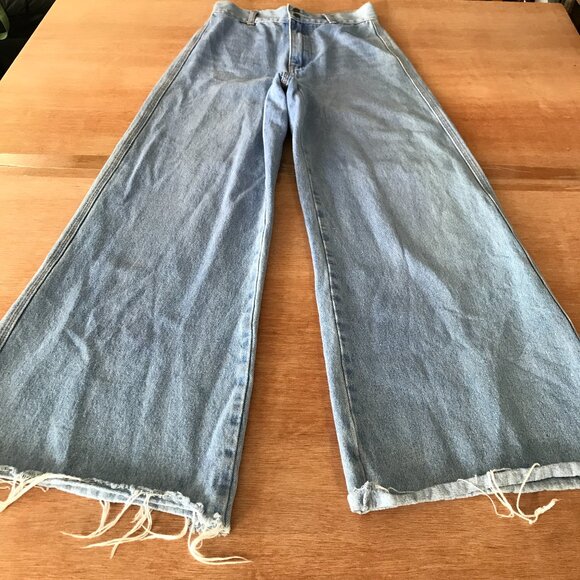 Ghanda Barrel Wide Leg Jeans Women 6 Blue High Rise Raw Hem Stretch Skater 18216 - Picture 1 of 13